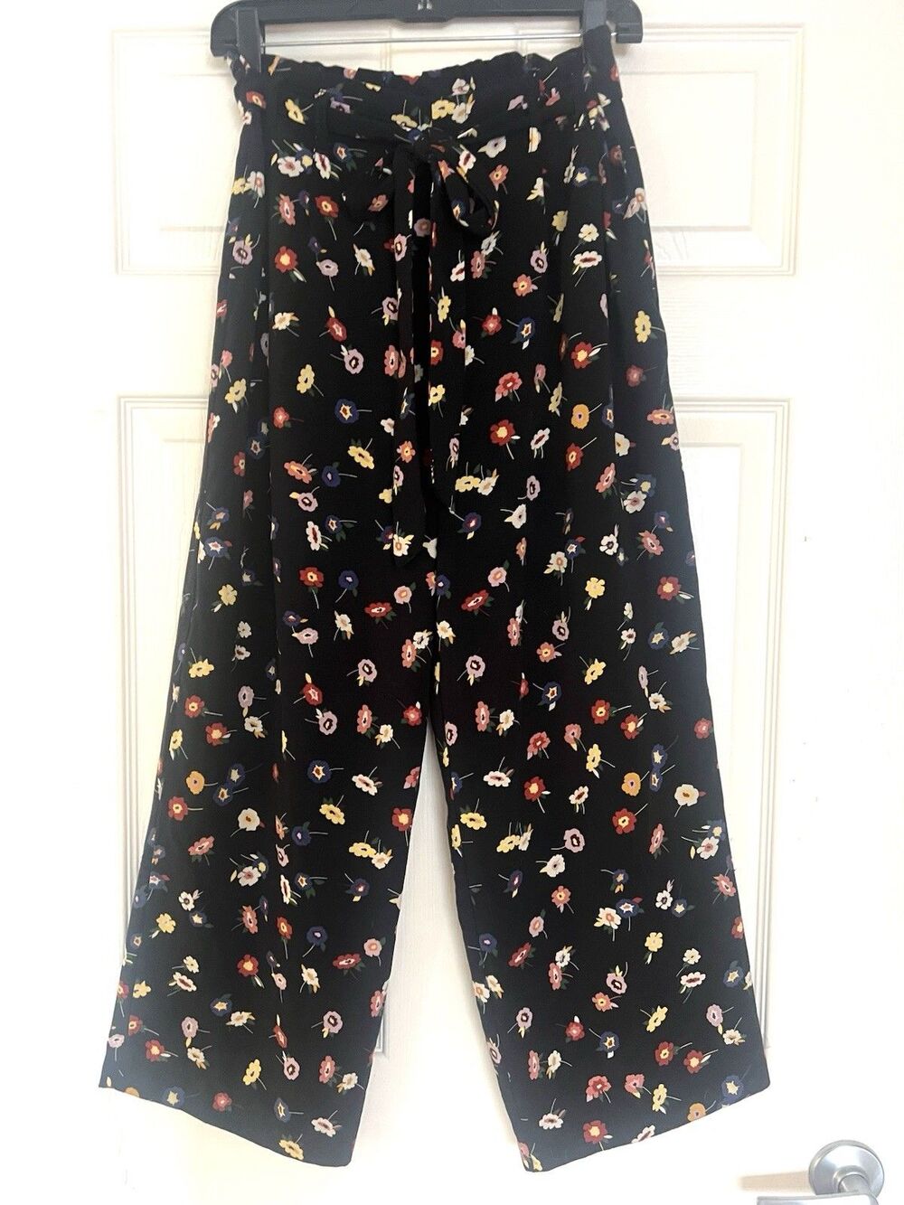 Zara Trafaluc Floral Wide Leg Paperbag Pants Size S Black Multi Tie Waist Boho